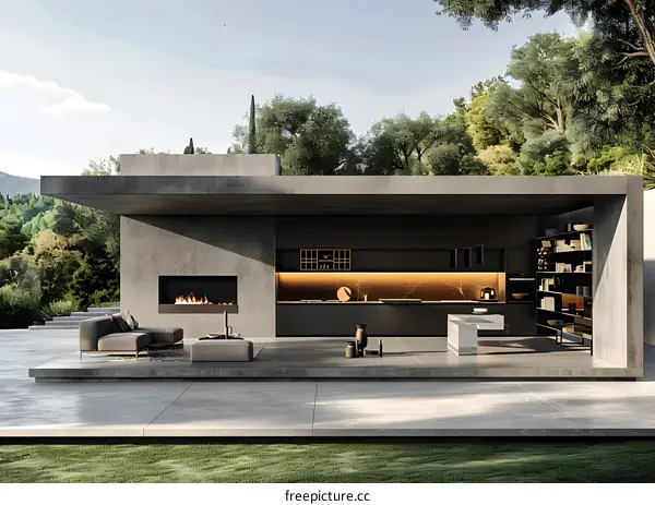 Modern Outdoor Kitchen With Fireplace And Concrete Patio
