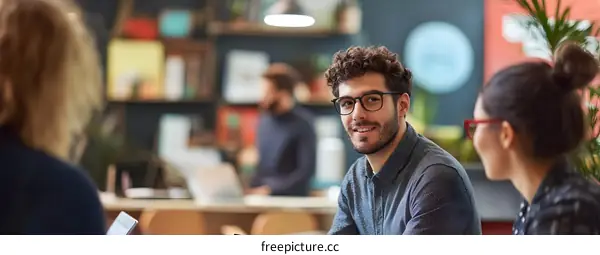 Smiling Man in Casual Wear Looking at Camera During a Meeting