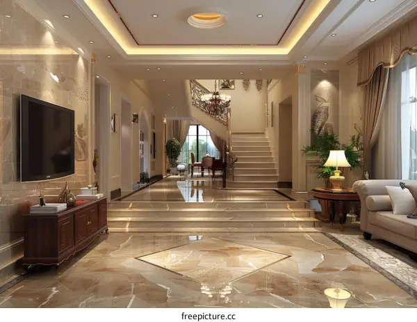 Stunning Spiral Staircase in a Modern Luxury Villa Living Room