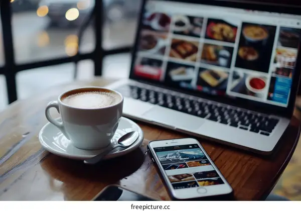 Close up of a cup of coffee, a laptop, and a smartphone on a wooden table
