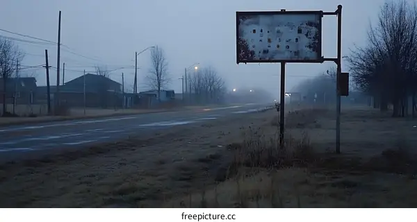 Foggy Road with Rusted Sign