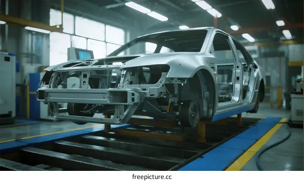 Automobile Production Line: Unassembled Car Chassis in Factory