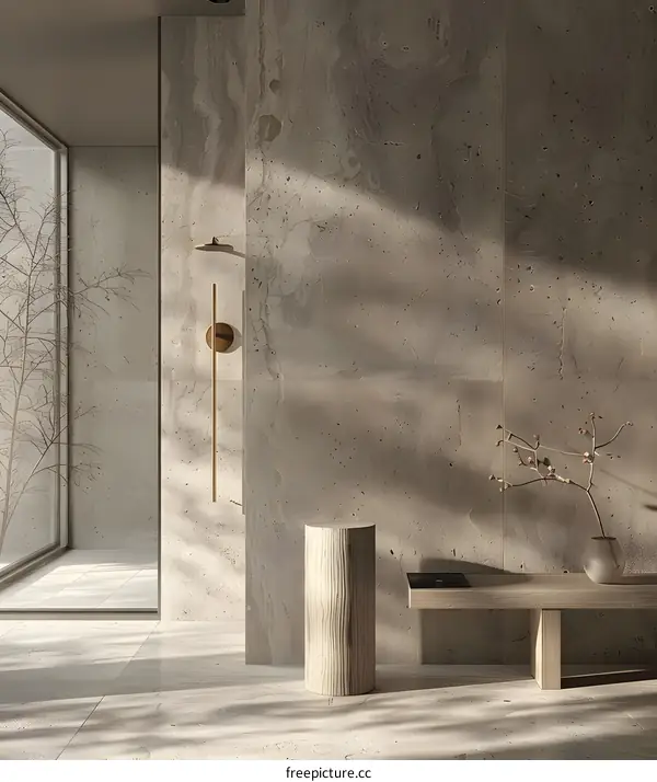 Minimalist Interior Design with Wooden Bench and Stone Wall