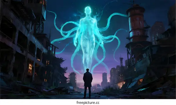 Ghostly Human Figure with Tentacles in Abandoned City
