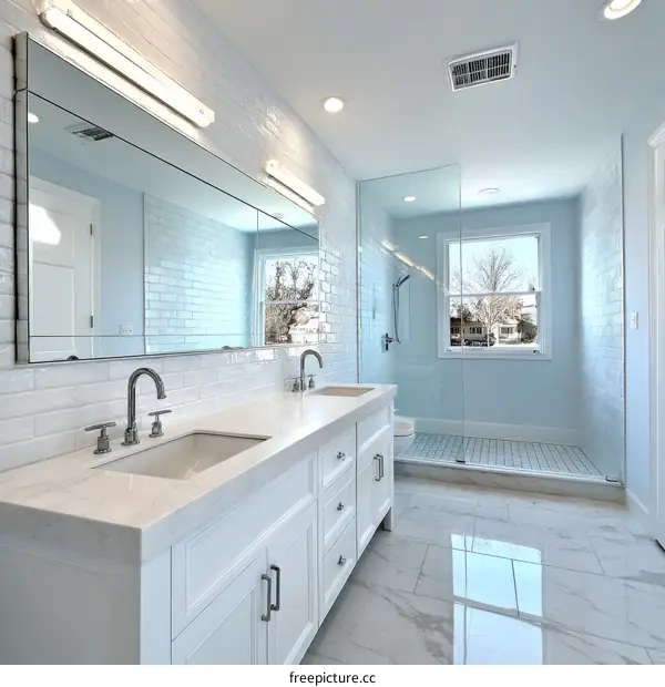 Modern White Bathroom with Light Blue Walls