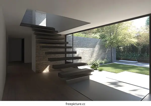Modern Floating Staircase Design with Glass Walls and Brick Wall