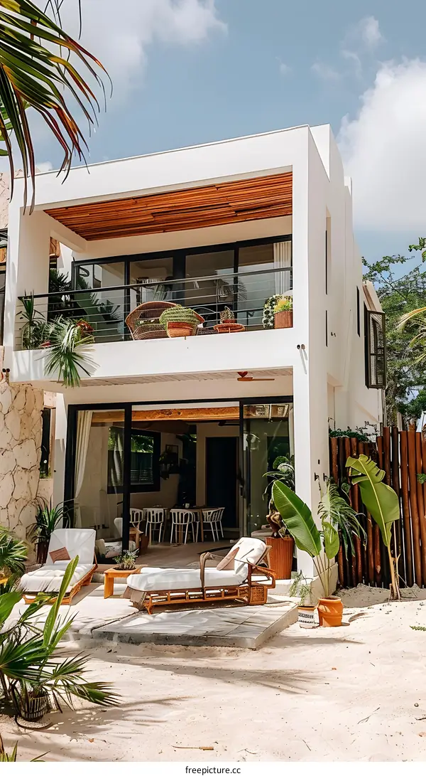 Modern Beach House with Patio and Palm Trees