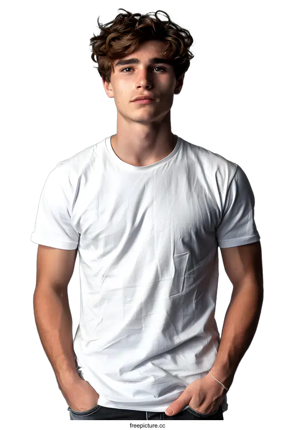 [Transparent Background PNG]Portrait of a young male model with wavy brown hair wearing a white t-shirt and dark jeans