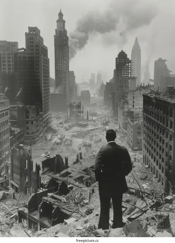 A man standing on a rooftop overlooking a ruined city