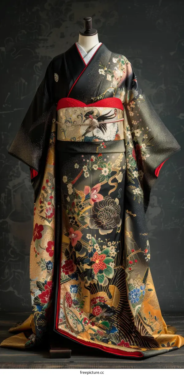 A kimono with a pattern of cranes and flowers