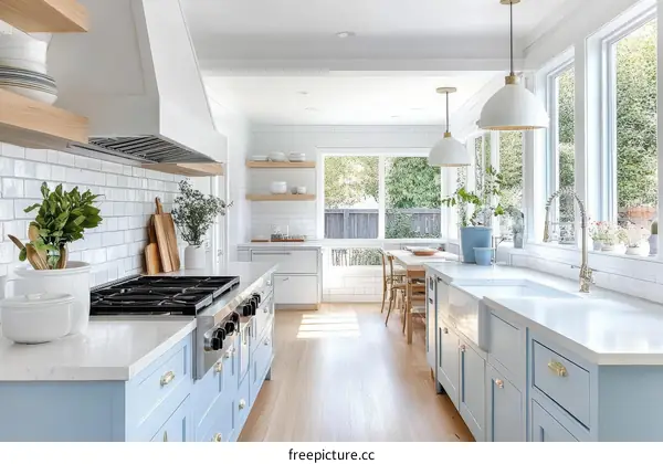 Light Blue Kitchen with White Tile Backsplash