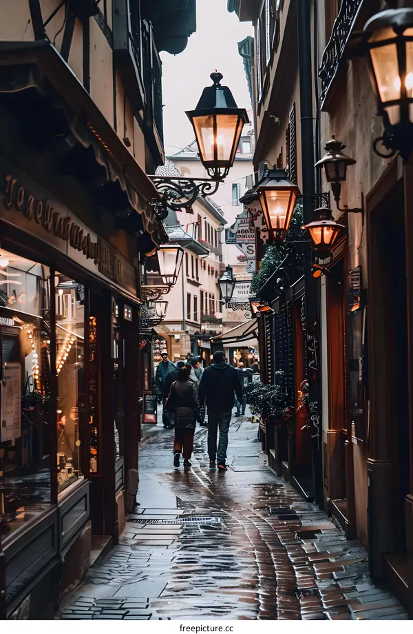 Cobblestone Street with Old Street Lamps in Europe