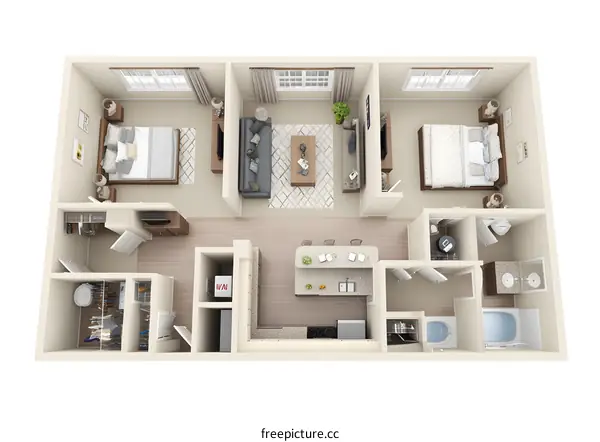 2 Bedroom Apartment Floor Plan with Kitchen and Bathroom