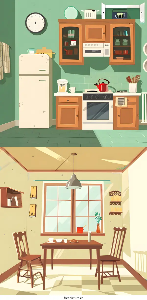 Cartoon Illustration of a Modern Kitchen with Wooden Cabinets and White Appliances