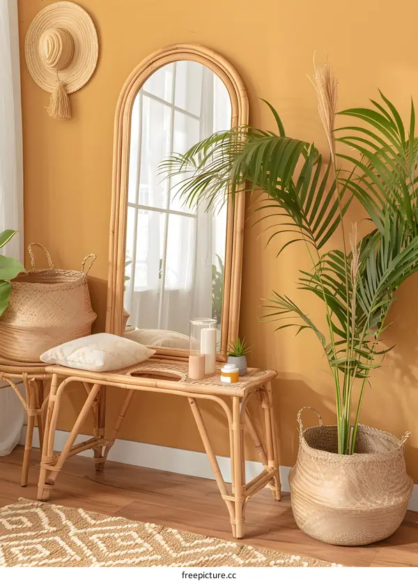 Rattan Furniture with Mirror and Palm Plant in a Yellow Room