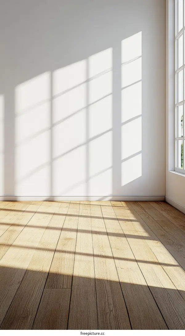 Empty Room Sunlight Shadows on Wooden Floor