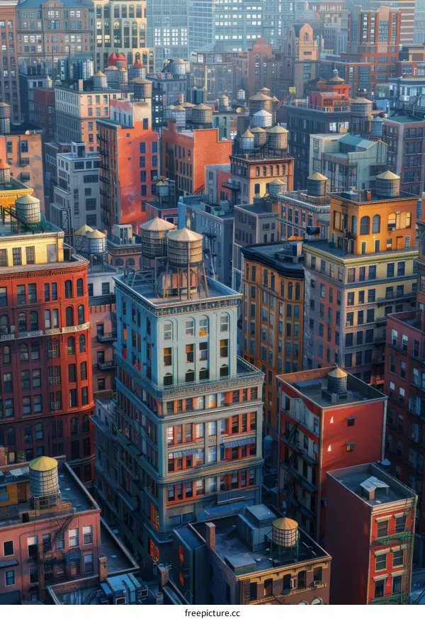 Colorful Building Architecture with Rooftop Water Towers