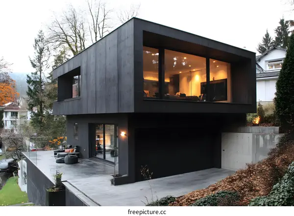 Modern Black House with Large Windows and Patio