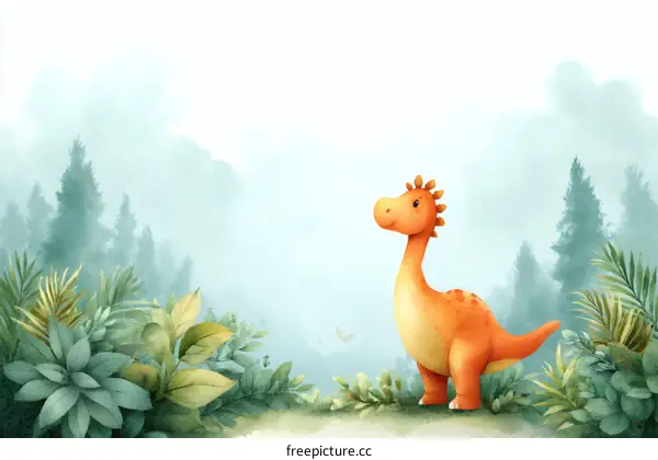 Cute Dinosaur in a Misty Forest Illustration