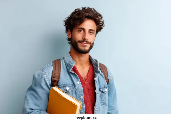 Student with Book Against Light Blue Background