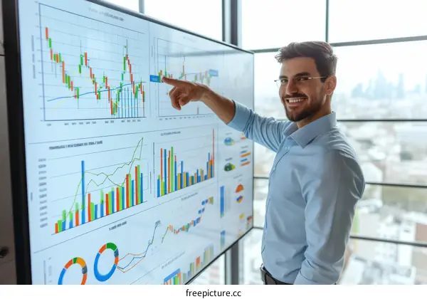 Businessman pointing at graphs and charts on interactive display