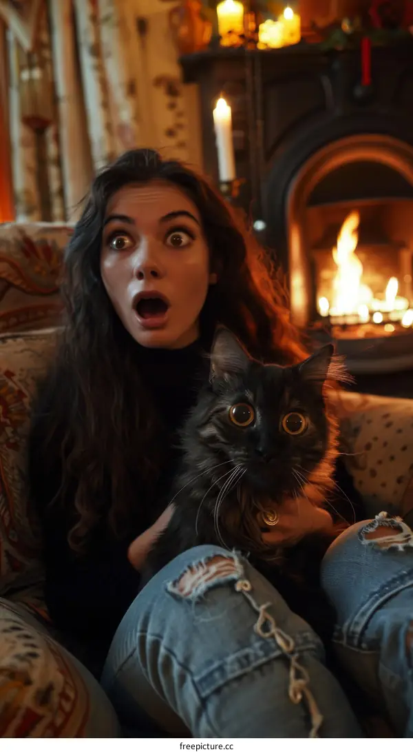 A young woman and her cat are sitting by the fireplace