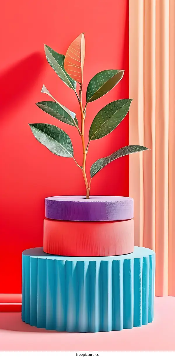 Green Plant on Colorful Cylinders