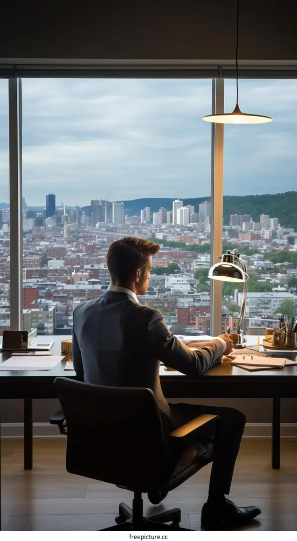 Businessman looking out the window at the city