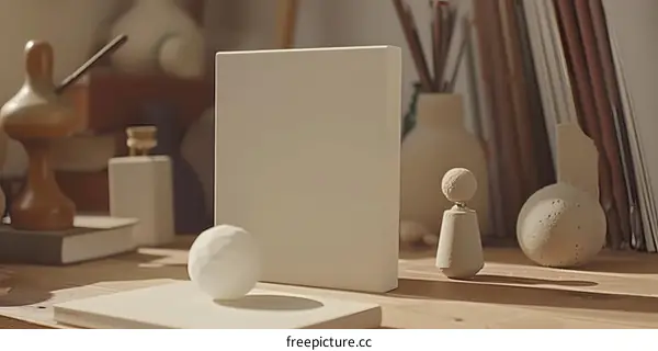 Simple Still Life Composition with White Objects on Wooden Table