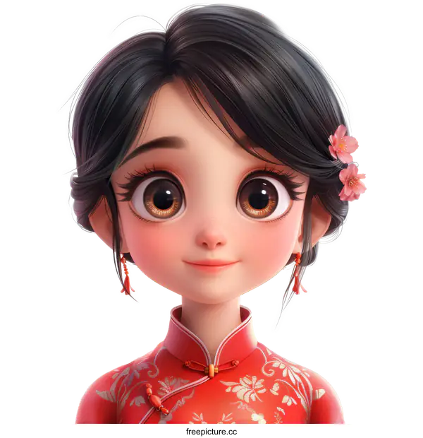 A 3D rendering of a young woman with black hair and brown eyes wearing a red cheongsam.