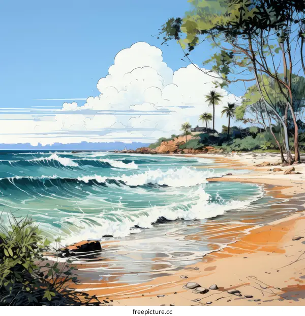 Beach scene with palm trees and blue ocean