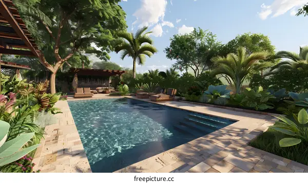Tropical Backyard Swimming Pool Design with Lush Greenery
