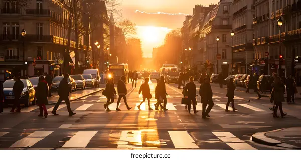 Paris Street Sunset with People Crossing a Crosswalk