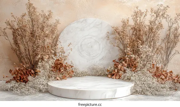 Elegant Marble Podium with Dried Flowers Background