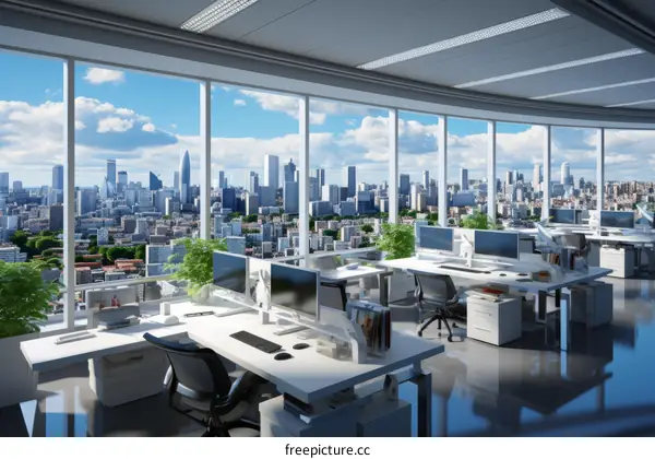 futuristic office space with city view