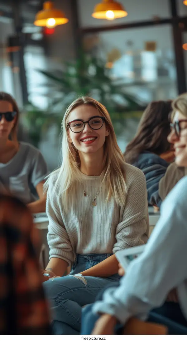 Portrait of a smiling young woman with blonde hair wearing glasses and a cream-colored sweater