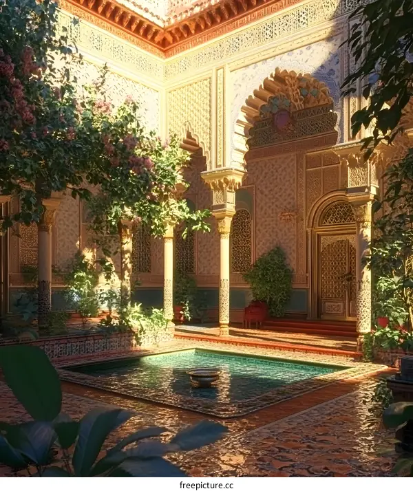 Ornate Courtyard With a Fountain and Lush Greenery