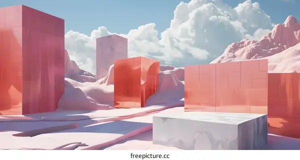 Abstract Landscape With Pink And White Geometric Shapes