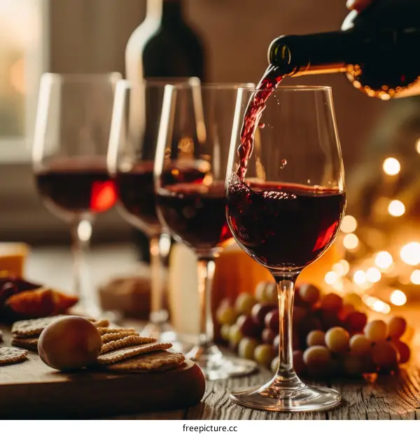 Red wine being poured into a glass with cheese and grapes on the table
