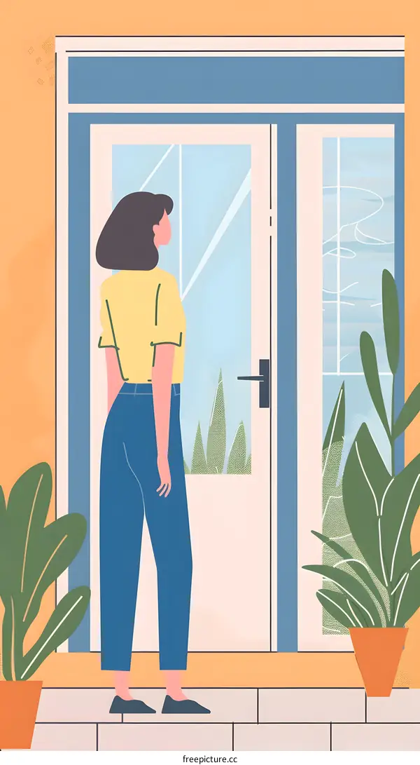 Woman Standing By The Door Looking Outside