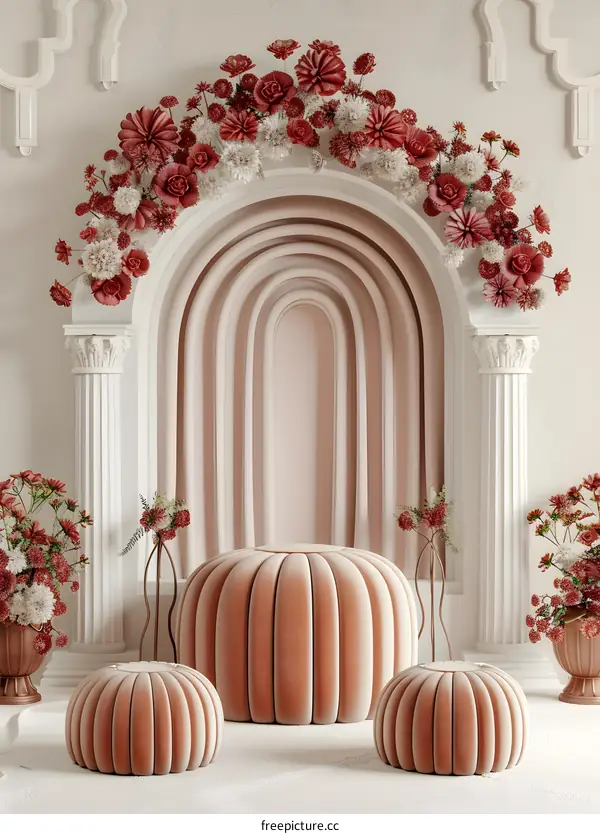 Pink Arch Floral Decor with  Puffy Round Cushions
