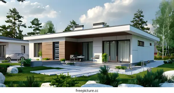 Modern House Design with White Facade and Wooden Accents