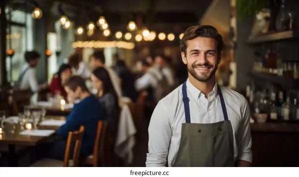 Portrait of a happy young waiter in a restaurant