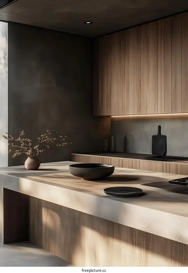 Modern Kitchen Interior Design with Wooden Cabinets and Concrete Countertop