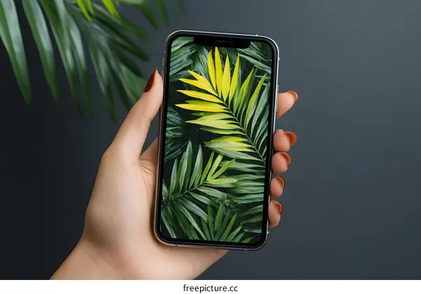 Hand Holding Smartphone with Green Tropical Leaves Wallpaper