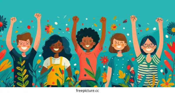 A group of diverse people raising their fists in joy and celebration