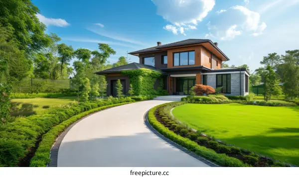 Modern luxury house with beautiful landscape and blue sky