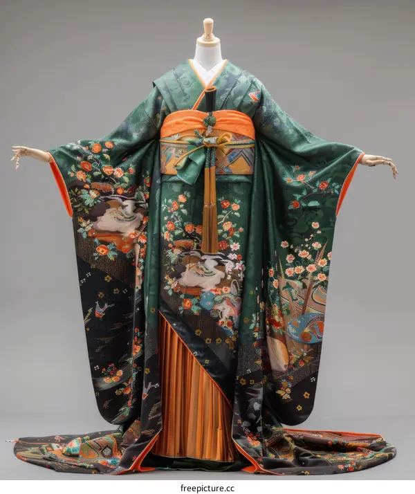 A woman wearing a green kimono with orange and black obi