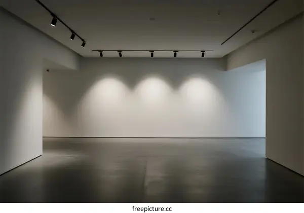 Empty art gallery space with clean white walls and track lighting