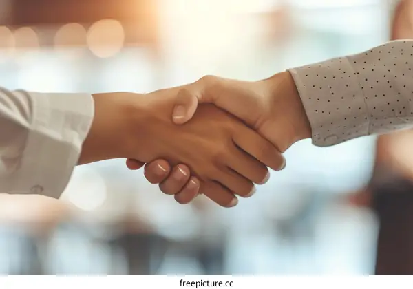 Business handshake agreement between two multiethnic business people. Diverse partners shaking hands. Businessman and businesswoman greeting each other with handshake.